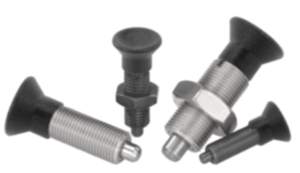 Indexing plungers, steel or stainless steel, without collar, with plastic mushroom grip Indexing plungers, steel or stainless steel, without collar, with plastic mushroom grip