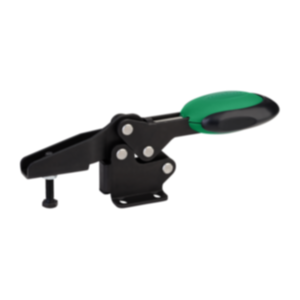 Toggle clamps horizontal with safety interlock with flat foot and adjustable clamping spindle