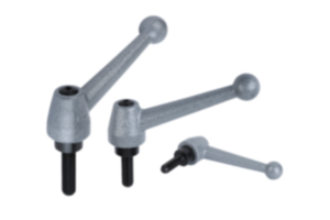 Clamping levers, steel, with external thread, hammer tone enamelled, threaded insert black oxidised steel Clamping levers, steel, with external thread, hammer tone enamelled, threaded insert black oxidised steel