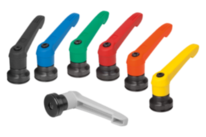 Clamping levers, plastic with internal thread and clamping force intensifier, threaded insert black oxidised steel