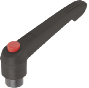 Clamping levers, plastic with external thread and push button, threaded insert black oxidised steel